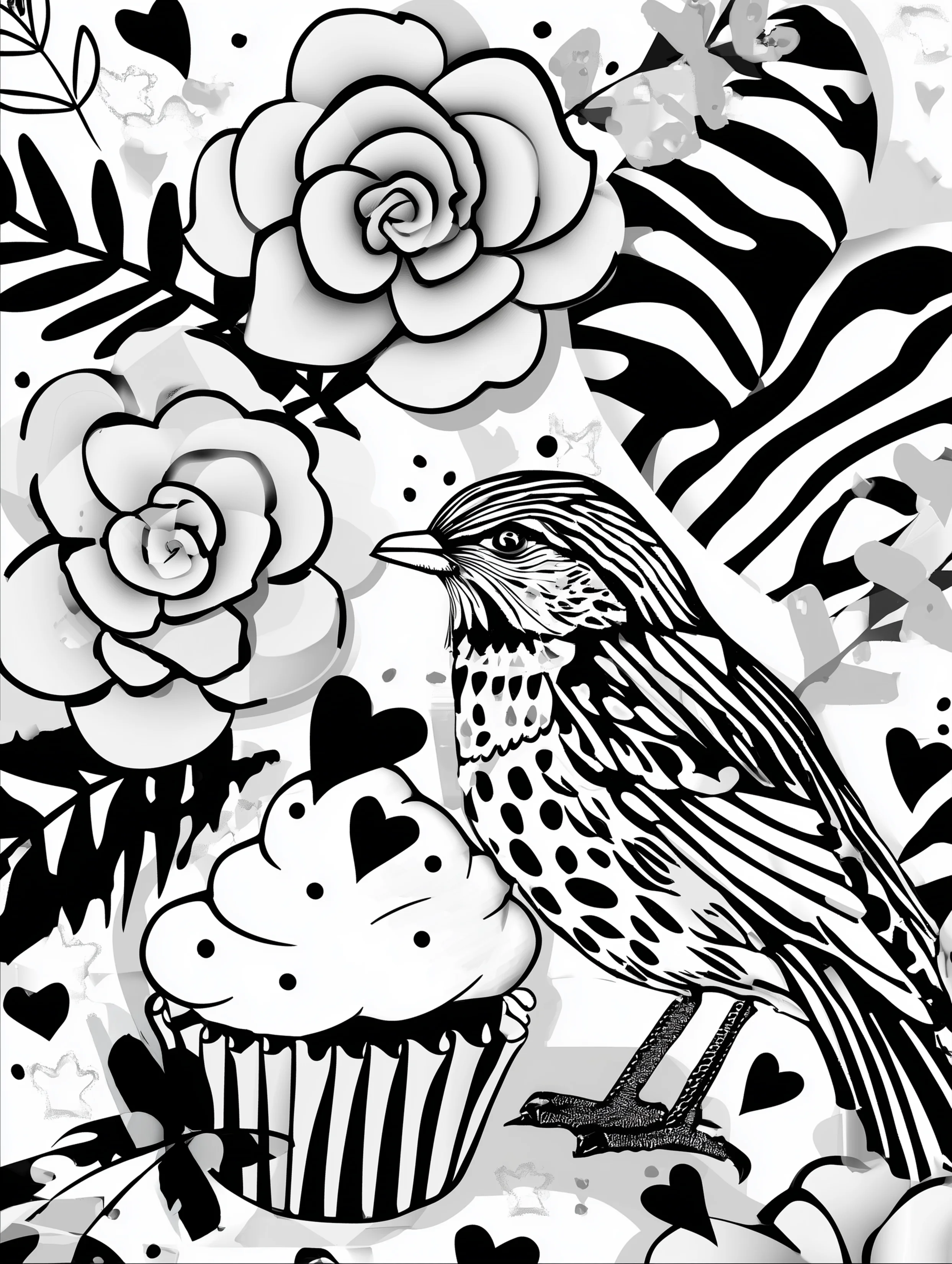 Free printable bird coloring page for adults featuring a heart cupcake bird